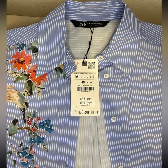 Zara cotton Blue Striped Shirt with Floral Design Medium New - Picture 4 of 7